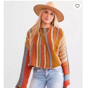 Willow + Root Coral Multi Striped Cropped Knit Sweater Distressed Hem 9842 M New